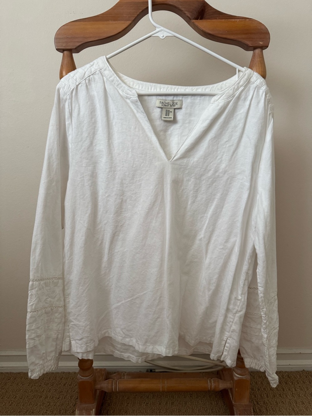 Rachel Zoe White V-Neck Embroidered Sleeve Tunic XL cotton/linen long sleeve